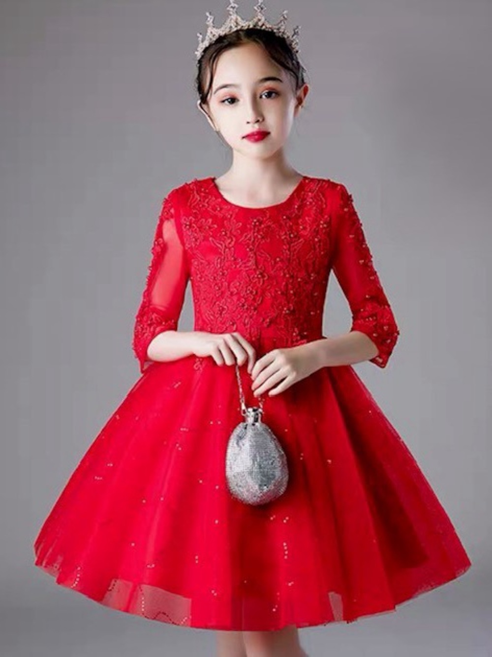 Red Embroidered Tulle Party Dress for Girls